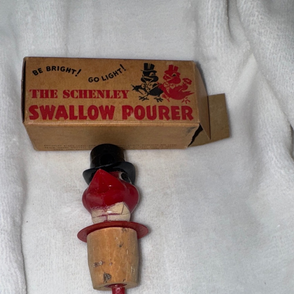 "Go Light!"Vintage Schenley Red Bird W/TopHat Whiskey Bottle Pourer/Stopper,1950